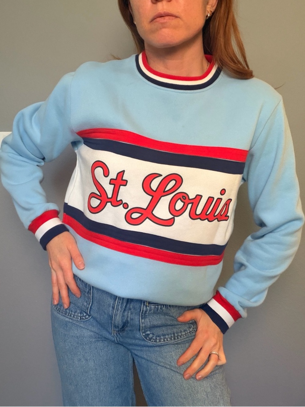 St. Louis Light Blue Crewneck Sweater with Red & Navy Stripes